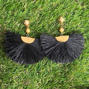 Black Fan Dangle Earrings - Gold Post Stud w Backs - NEW - Drop Earring